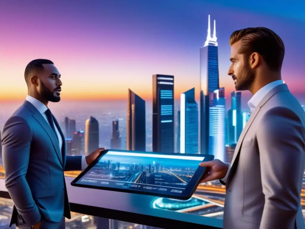 Metrópolis futurista: innovación en REITs comerciales Un paisaje urbano futurista al atardecer con rascacielos y tecnologías emergentes REITs comerciales