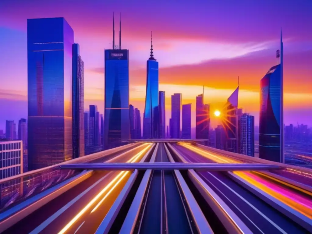 Metrópolis futurista al atardecer: panorama de innovación urbana en 8k Un paisaje urbano futurista al atardecer con rascacielos reflectantes y bulliciosa vida ciudadana