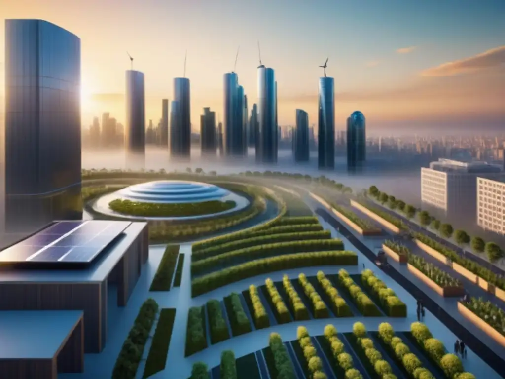 Metrópolis futurista sostenible: armonía entre naturaleza y tecnología Un paisaje urbano futurista al atardecer con diseño urbano sostenible integrado, destacando espacios verdes y tecnología ecoeficiente