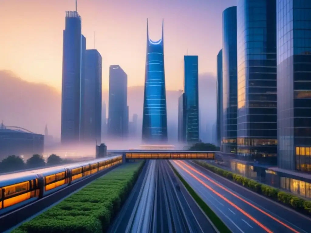 Cityscape futurista: Financiamiento inmobiliario innovador Un paisaje urbano futurista al atardecer con rascacielos modernos, espacios verdes integrados y sistemas de transporte avanzados