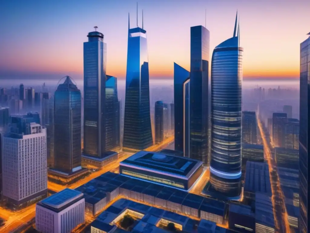 Un paisaje urbano futurista al atardecer, lleno de tecnología avanzada e integrada en la vida cotidiana