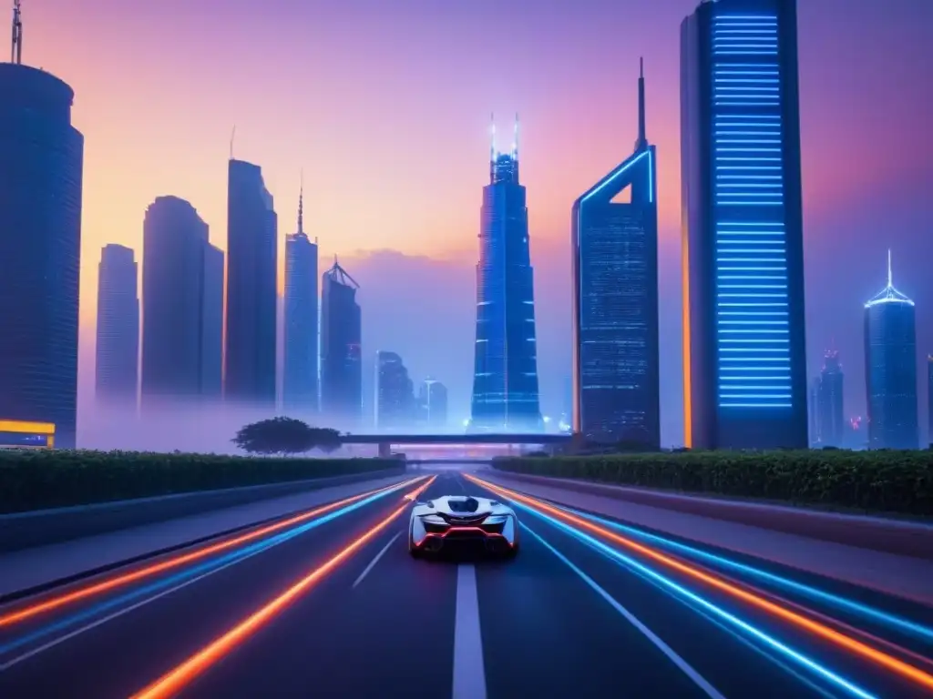 Metrópolis futurista: luces neón, rascacielos y profesionales Un paisaje urbano futurista al atardecer con rascacielos iluminados y profesionales debatiendo estrategias de financiamiento inmobiliario