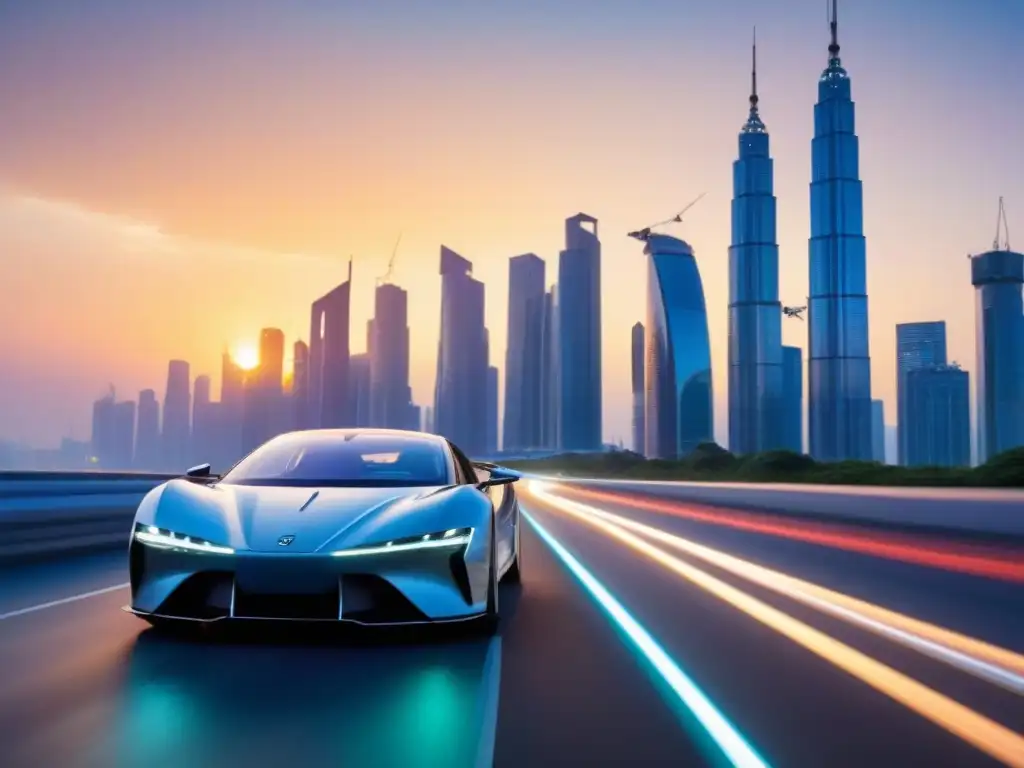 Un paisaje urbano futurista con autos híbridos avanzando por autopistas transparentes, rascacielos imponentes al fondo y un vibrante atardecer
