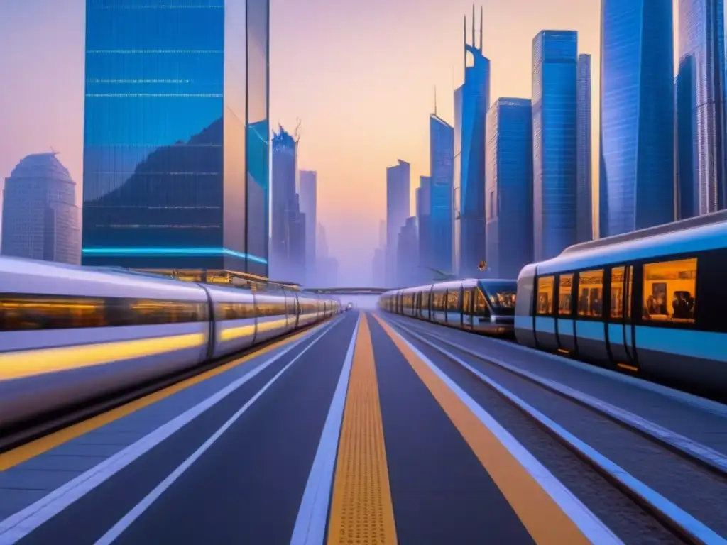 Metrópolis futurista: armonía digital y urbana al atardecer Un paisaje urbano futurista bullicioso al atardecer, con rascacielos elegantes y fachadas de vidrio relucientes