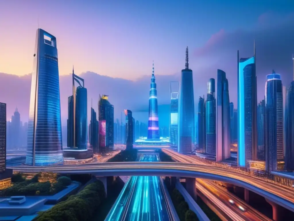 Metrópolis futurista: skyline innovador y vibrante Un paisaje urbano futurista a la caída del sol con rascacielos innovadores y luces neón, ideal para invertir en préstamos inmobiliarios híbridos
