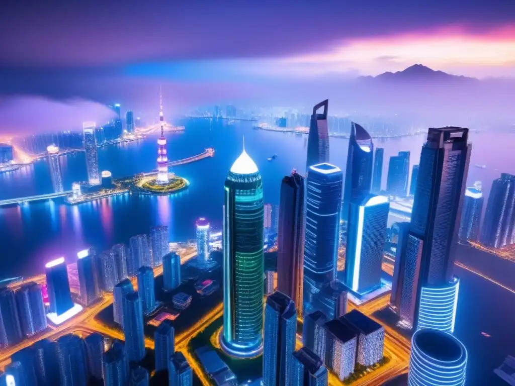 Horizonte futurista: real estate en Asia Un paisaje urbano futurista en una ciudad asiática, con rascacielos innovadores y tecnología avanzada