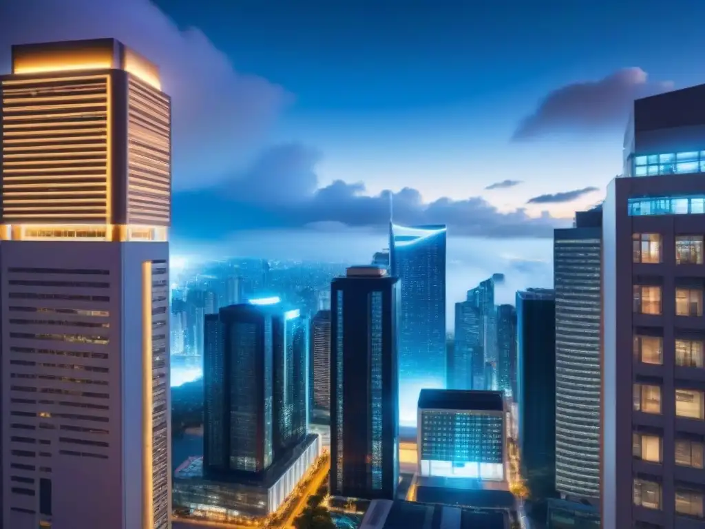 Metrópolis futurista: Auditorías de seguridad inmobiliaria Un paisaje urbano futurista y digitalizado de noche con rascacielos iluminados, destacando sistemas avanzados de seguridad como cámaras de vigilancia y escáneres biométricos en las entradas de los edificios, simbolizando la importancia de las auditorías de seguridad en plataformas de financiam