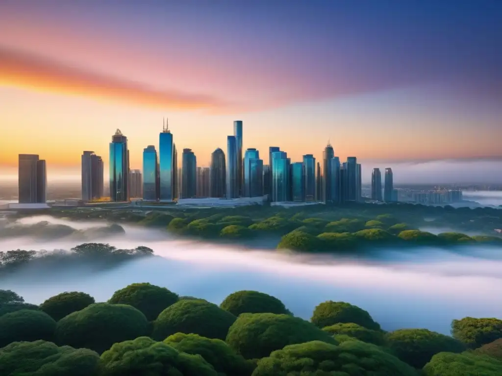 Portafolio inmobiliario diversificado en ciudad futurista Un paisaje urbano futurista con diversidad de propiedades inmobiliarias integradas, destacando la gestión de riesgos en portafolios inmobiliarios
