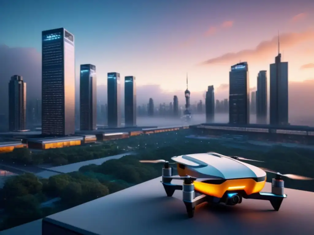 Futurista ciudad con drones automatizados en 8k Un paisaje urbano futurista con drones automatizados entregando paquetes a edificios altos, destacando la eficiencia de la automatización en préstamos