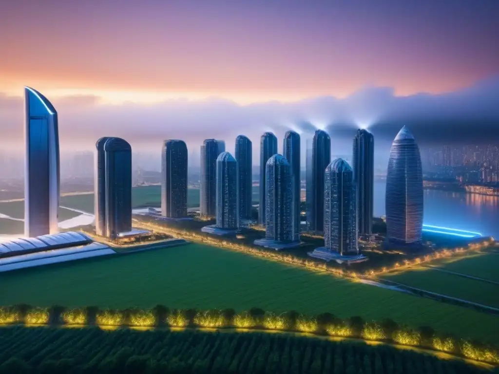 Metrópolis futurista: edificios sostenibles y energía limpia Un paisaje urbano futurista con edificios sostenibles, espacios verdes e iluminación eficiente, entre vehículos voladores