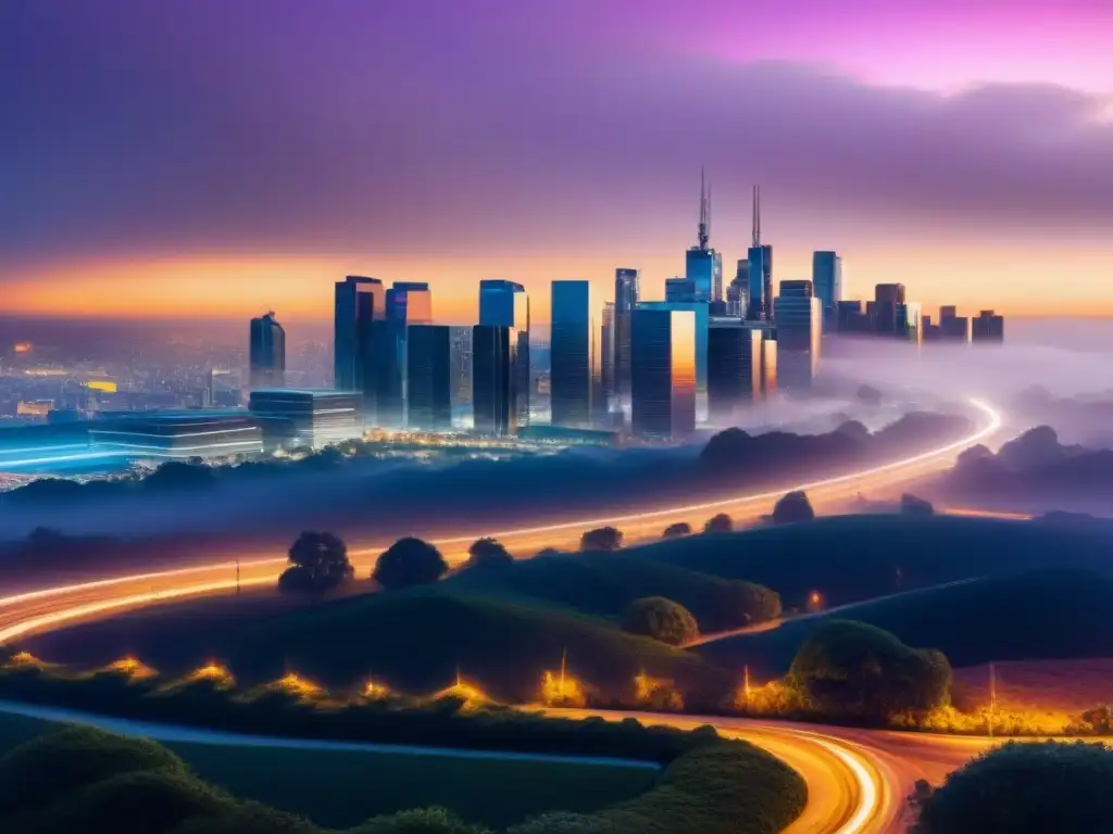 Metrópolis futurista: tecnología y bienes raíces en préstamos automatizados Un paisaje urbano futurista con edificios automatizados interconectados por senderos brillantes, mostrando una fusión perfecta de tecnología y bienes raíces en un proceso de préstamos inmobiliarios automatizados beneficios