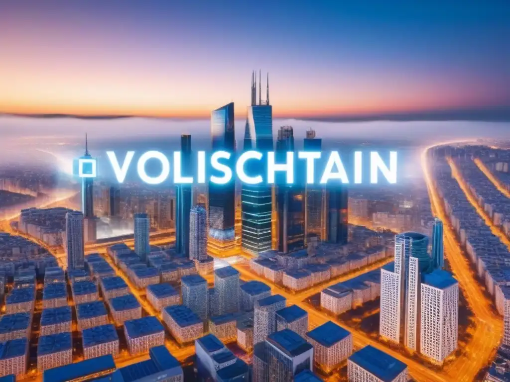 Innovación blockchain en el mercado inmobiliario Un paisaje urbano futurista con edificios transparentes y redes blockchain, simbolizando innovación en el mercado inmobiliario