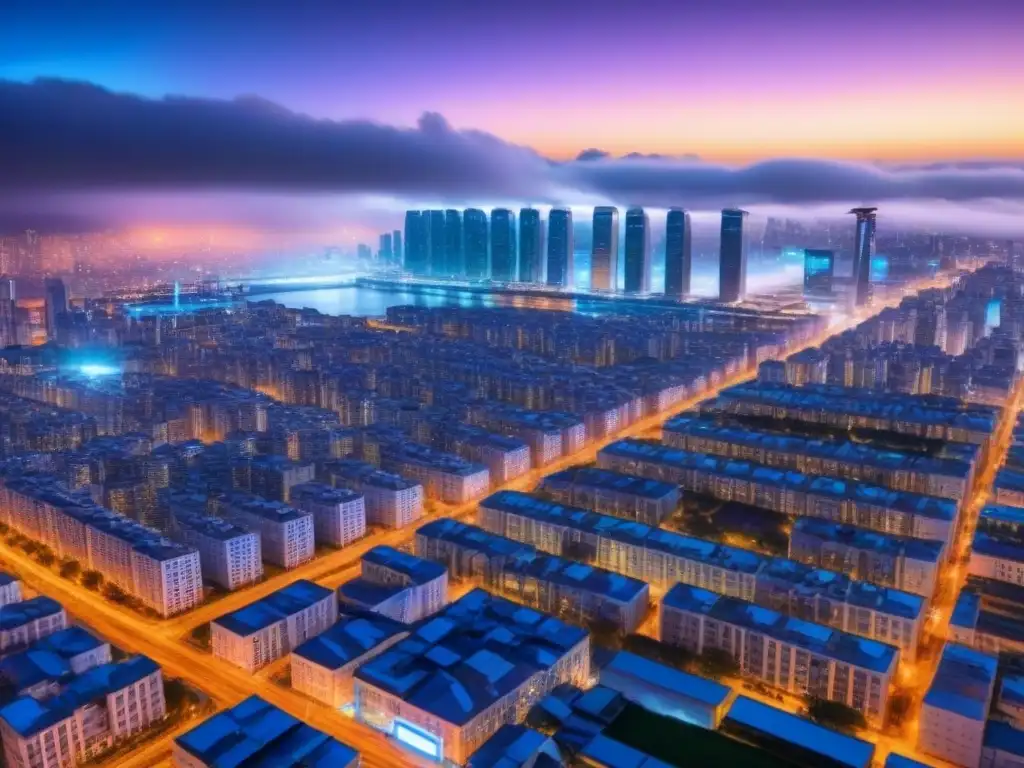 Metrópolis futurista con blockchain y edificios transparentes Un paisaje urbano futurista con edificios transparentes y redes blockchain, iluminados por una vibrante luz digital