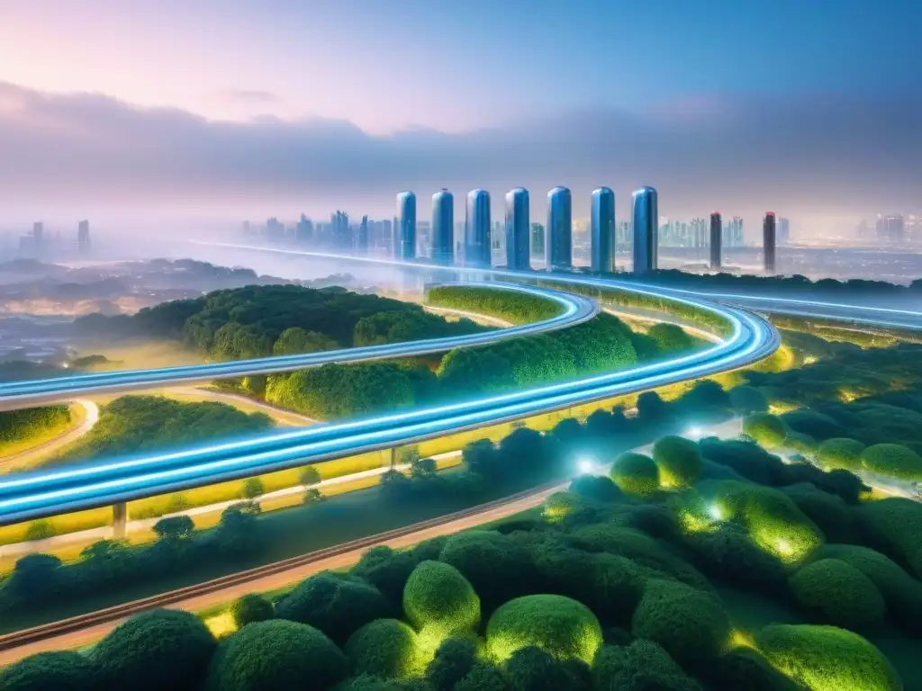 Un paisaje urbano futurista con edificios interconectados y tecnología avanzada, rodeados de vegetación y redes de transporte inteligente