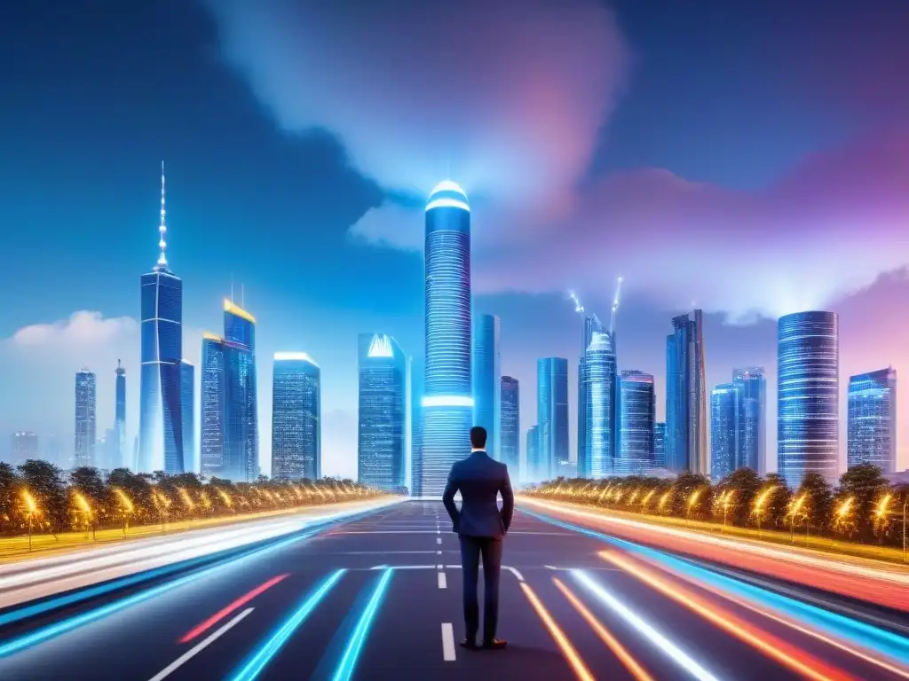 Un paisaje urbano futurista con edificios inteligentes y tecnología de Inteligencia Artificial en Inversión Inmobiliaria