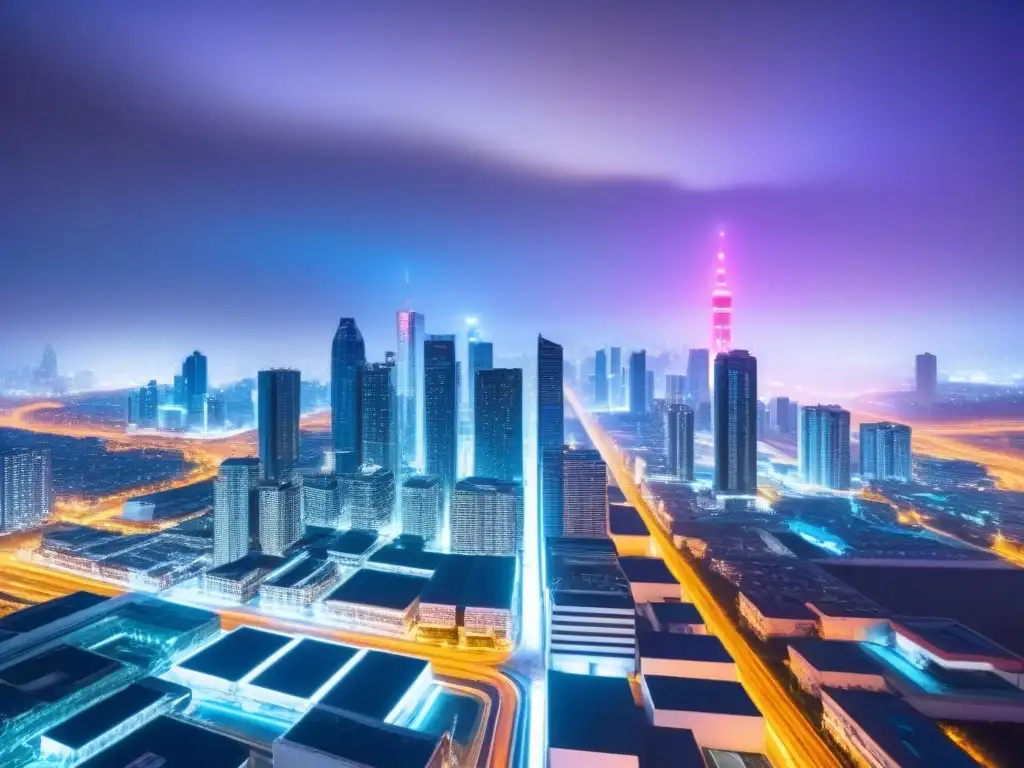 Metrópolis futurista: Revolución blockchain en la propiedad Un paisaje urbano futurista con edificios interconectados y tecnología avanzada, iluminado por un suave resplandor neón, representa el impacto innovador de la tecnología blockchain en la titularidad de la propiedad