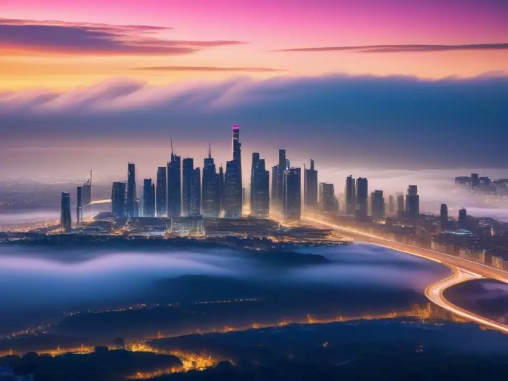 Metrópolis futurista: arquitectura innovadora en red digital Un paisaje urbano futurista con edificios de diseño innovador, conectados por senderos digitales brillantes, bajo una puesta de sol vibrante