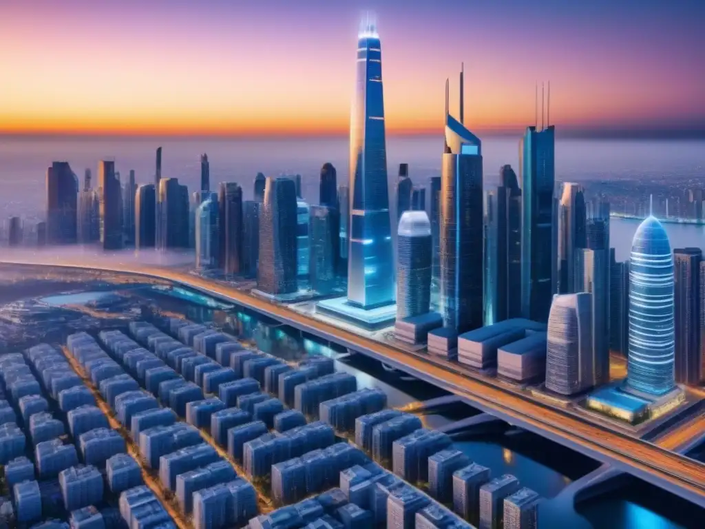 Innovación urbana: IA en la gestión inmobiliaria Un paisaje urbano futurista con edificios AI avanzados integrados, simbolizando la IA en financiamiento inmobiliario