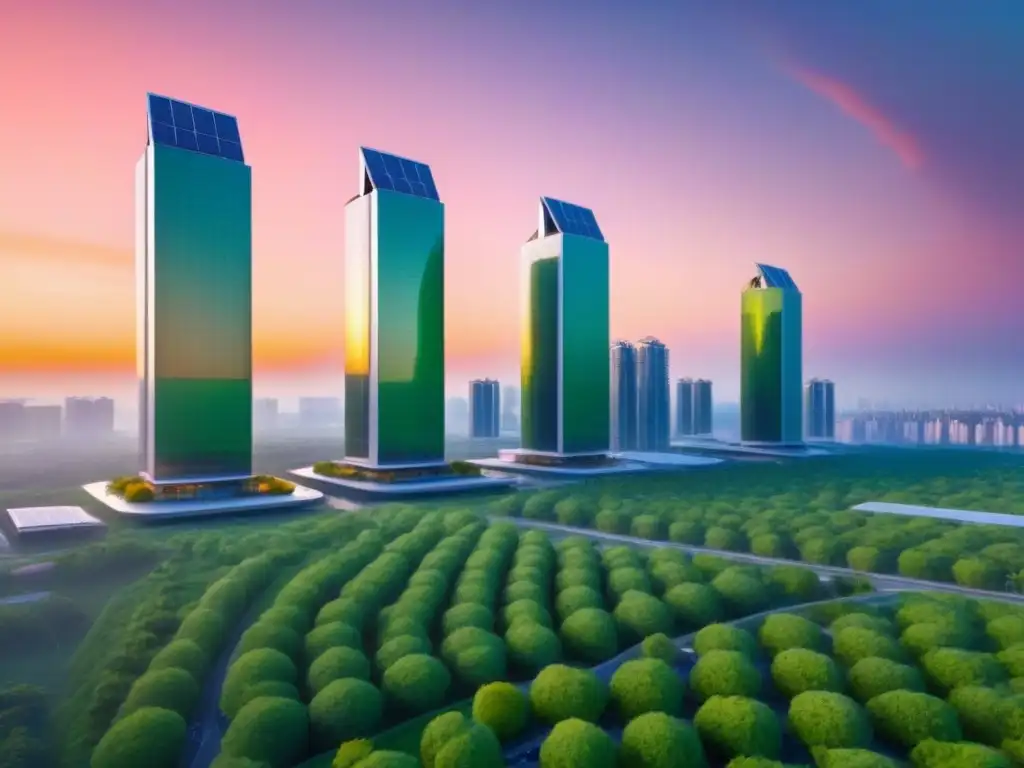 Metrópolis futurista sostenible al atardecer Un paisaje urbano futurista con edificios verdes y energías renovables, representando el concepto de financiamiento verde en la industria inmobiliaria