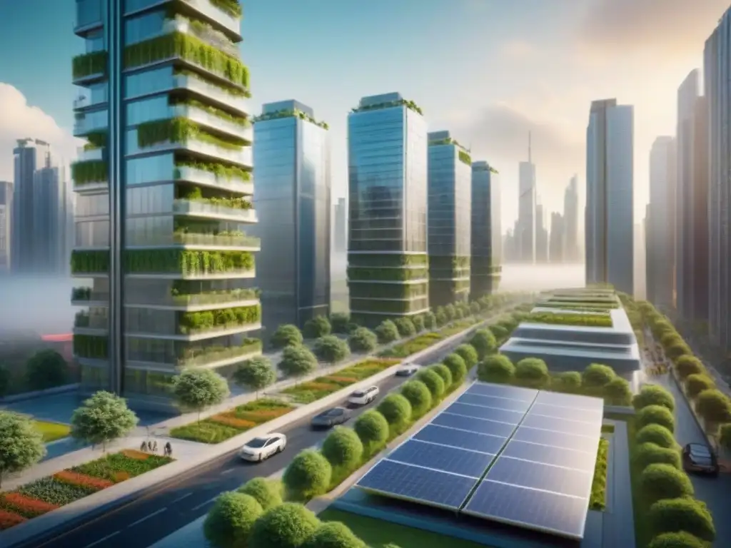 Cityscape futurista con edificios sostenibles y jardines en la azotea Un paisaje urbano futurista con edificios sostenibles y beneficios préstamos inmobiliarios sostenibles
