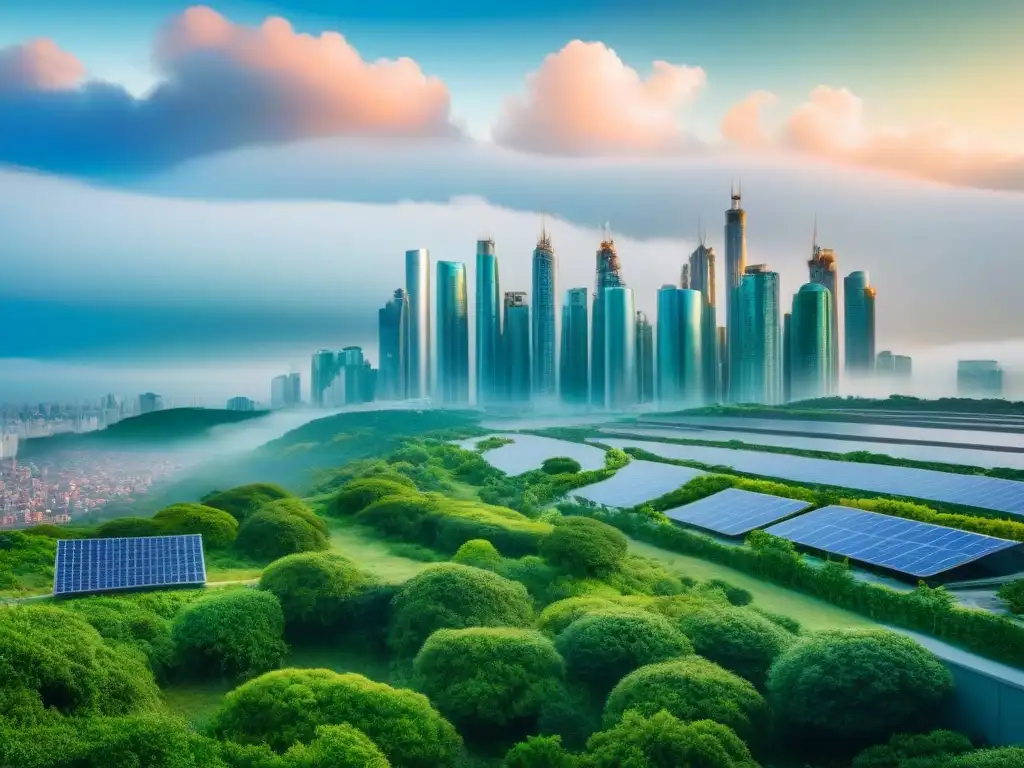 Arquitectura sostenible: ciudad futurista verde Un paisaje urbano futurista con edificios verdes que reflejan arquitectura sostenible, paneles solares e vegetación, bajo un cielo azul claro, simbolizando el concepto de financiamiento verde y valoración de propiedades en un entorno urbano moderno