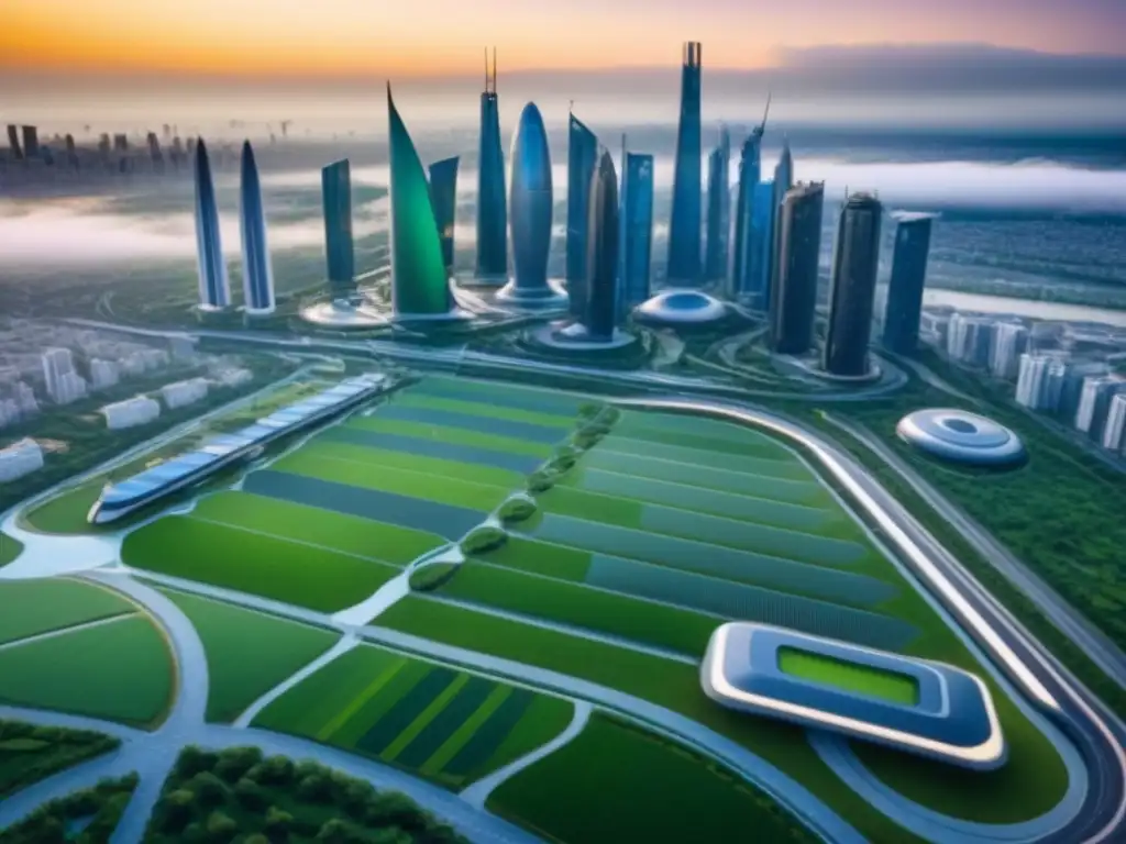 Smart city del futuro: tecnología y sostenibilidad en armonía Un paisaje urbano futurista con edificios interconectados y espacios verdes, mostrando tecnología y sostenibilidad