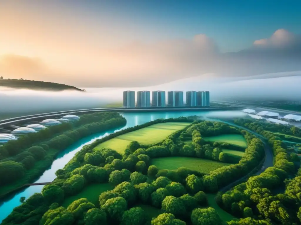 Ciudad futurista: viviendas sostenibles y transporte público avanzado Un paisaje urbano futurista con edificios gubernamentales sostenibles integrados con espacios verdes y sistemas de transporte avanzados, reflejando políticas de vivienda gubernamentales futuras