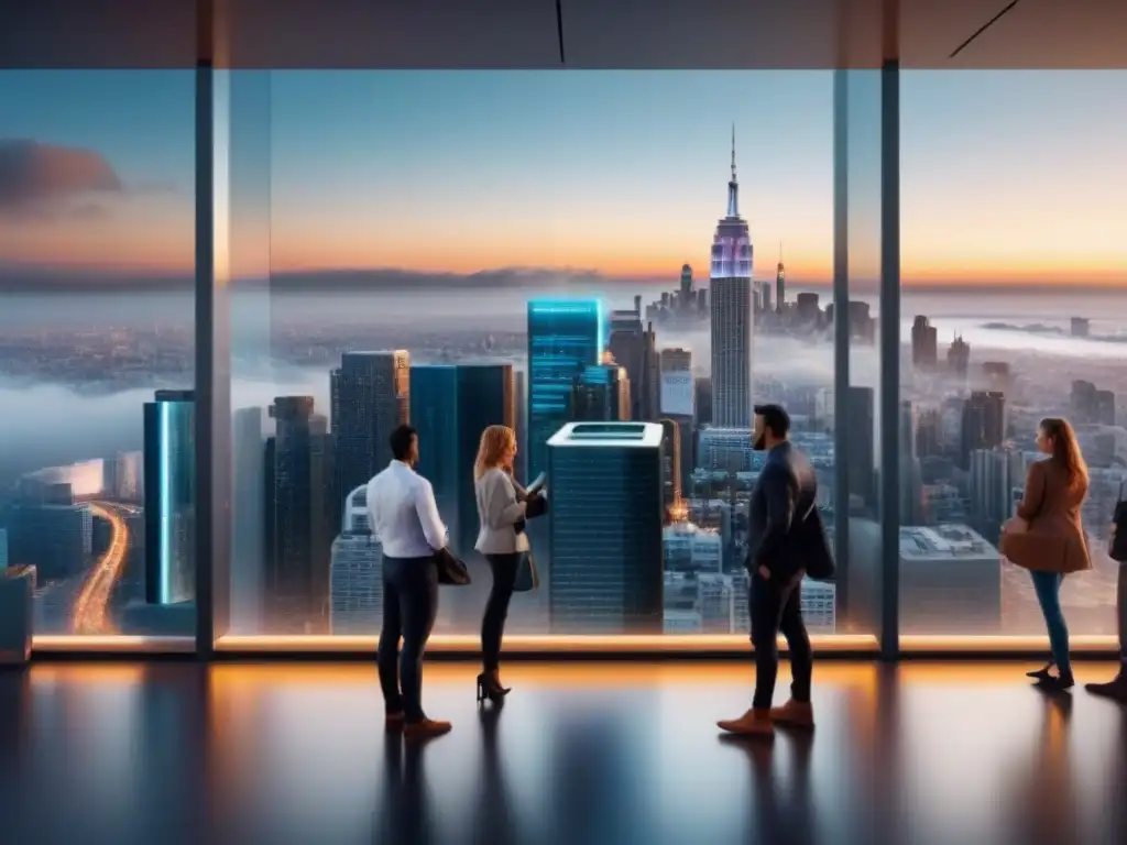Inclusividad financiera en ciudad futurista Un paisaje urbano futurista con grupos diversos interactuando en plataformas fintech en financiamiento inmobiliario, reflejando inclusividad y accesibilidad