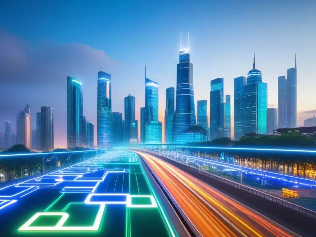 Un paisaje urbano futurista con íconos de pagos digitales integrados, fusionando tecnología financiera con transacciones inmobiliarias
