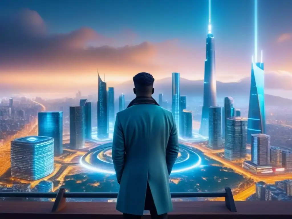 Innovación blockchain en la ciudad del futuro Un paisaje urbano futurista con integración de Contratos inteligentes en compra venta