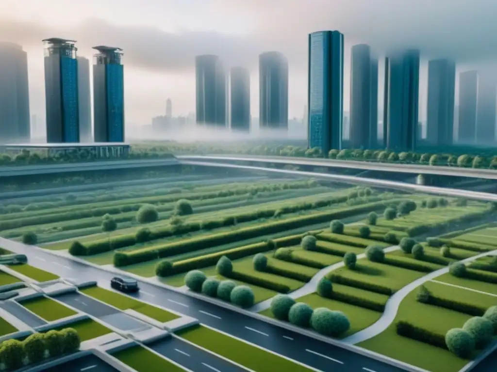 Revolution housing: tecnología y espacios verdes en la ciudad del futuro Un paisaje urbano futurista integrado con tecnología y espacios verdes, mostrando soluciones financiamiento vivienda urbana