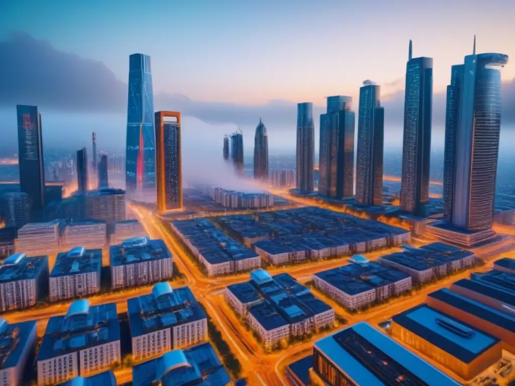 Un paisaje urbano futurista con inteligencia artificial en edificios modernos