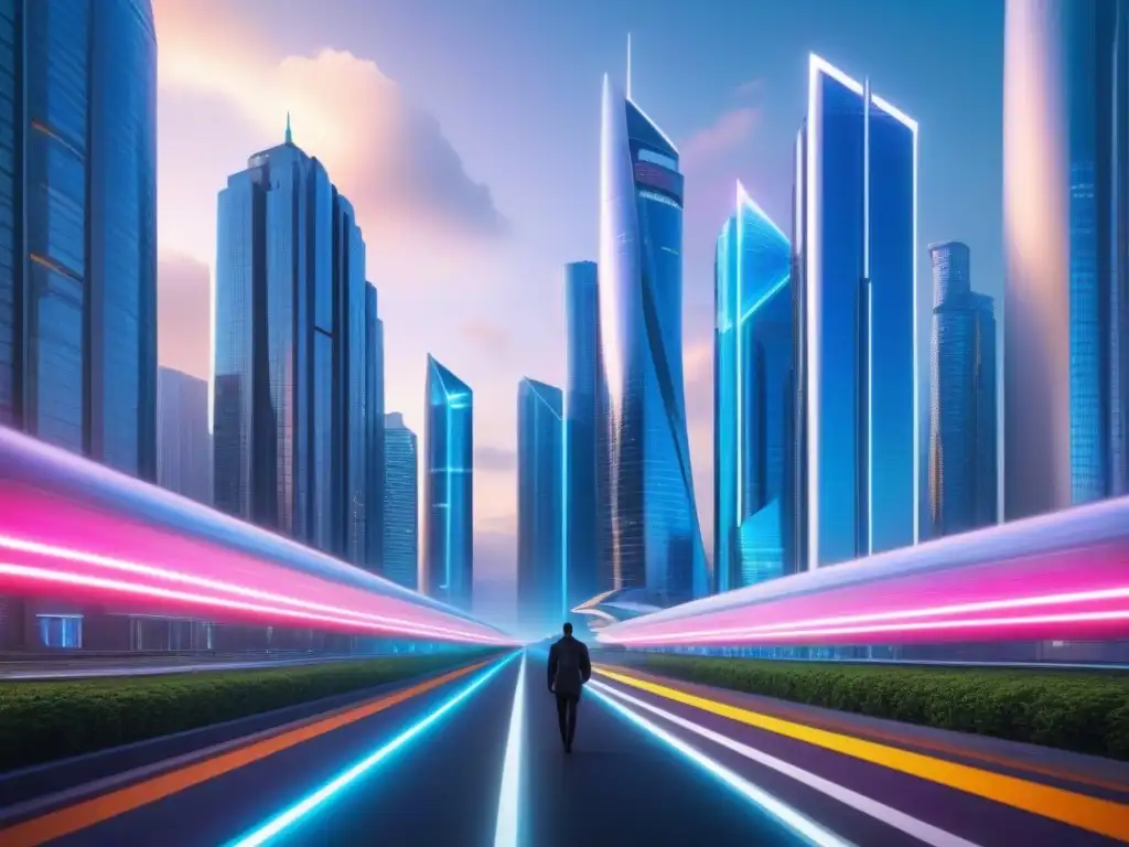 Metrópolis futurista: avance tecnológico en la ciudad Un paisaje urbano futurista lleno de rascacielos interconectados, iluminado con luces de neón y pantallas holográficas