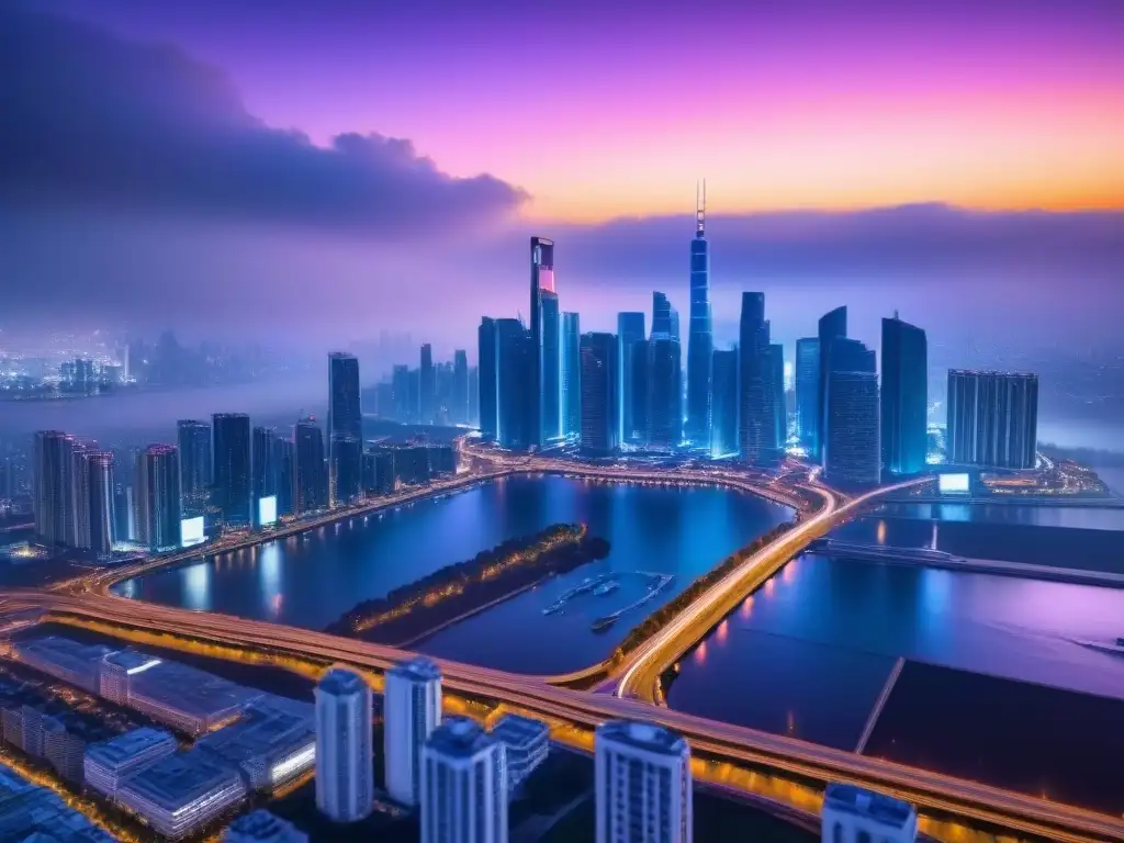Metrópolis futurista: luces de neón y rascacielos innovadores Un paisaje urbano futurista de noche con vanguardistas carteles digitales y rascacielos innovadores