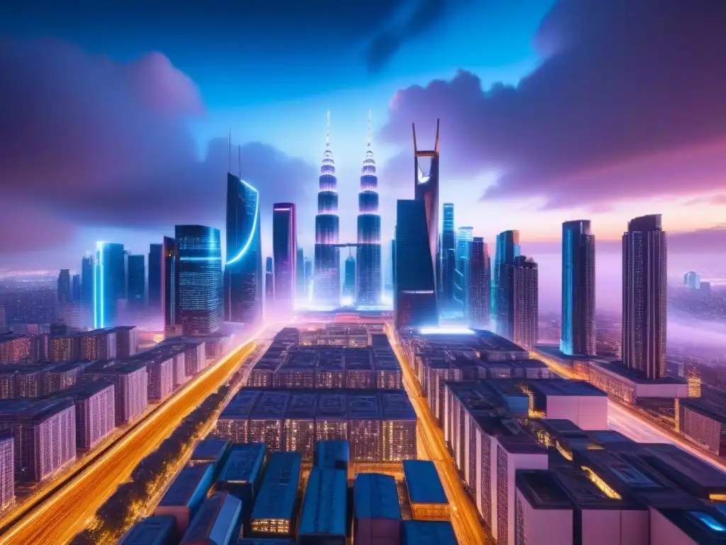 Metrópolis futurista en 8k: luces neón y riesgos de seguridad en API Un paisaje urbano futurista de noche con rascacielos iluminados por luces neón, rodeados de redes de datos brillantes