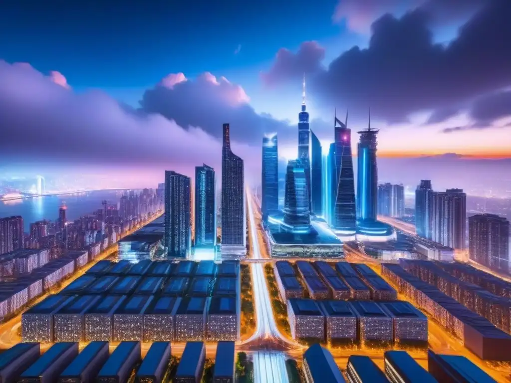 Metrópolis futurista: luces neón y tecnología AI en inmuebles Un paisaje urbano futurista de noche, con rascacielos iluminados por luces de neón y autos autónomos