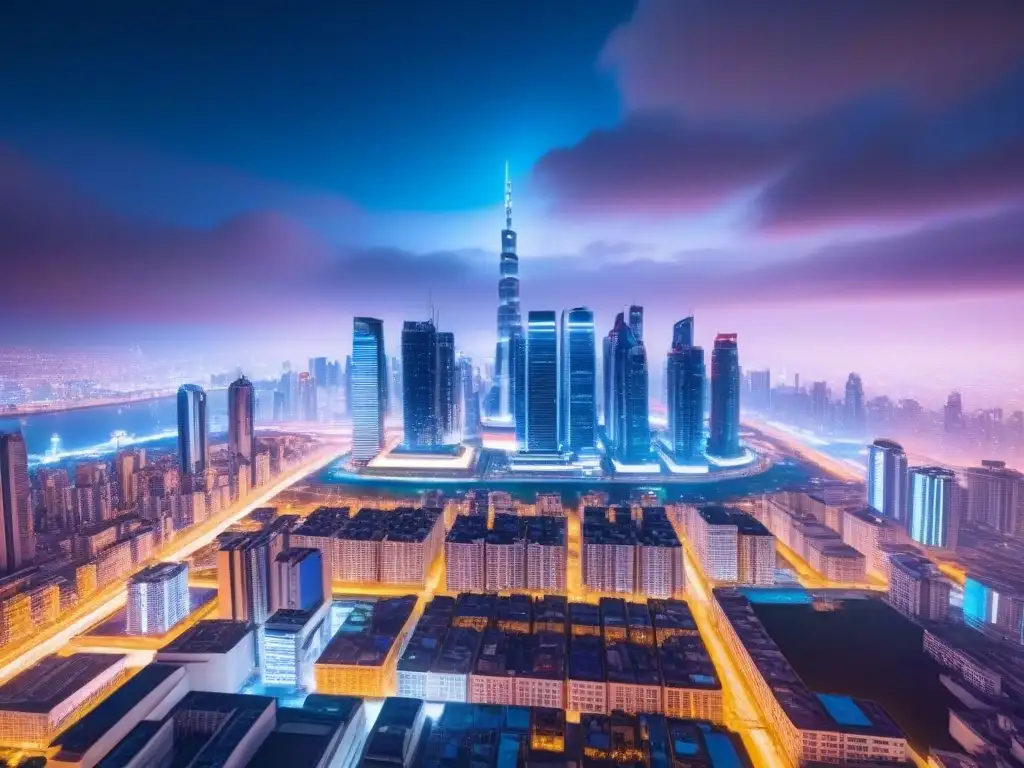 Un paisaje urbano futurista de noche, lleno de luces neón, simbolizando la integración de la IA en la optimización de portafolios inmobiliarios