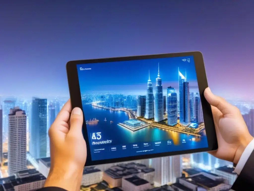 Un paisaje urbano futurista de noche con rascacielos innovadores y una aplicación de gestión inmobiliaria vanguardista