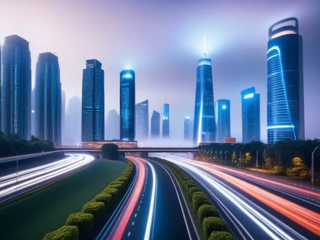 Metrópolis futurista: red de carreteras iluminadas entre rascacielos y edificios modernos Un paisaje urbano futurista de noche con una red de autopistas iluminadas entre rascacielos y edificios modernos