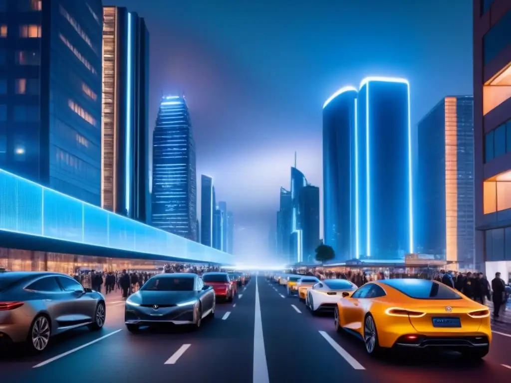 Metrópolis futurista: IA en la vida urbana nocturna Un paisaje urbano futurista nocturno con rascacielos iluminados y vehículos autónomos, integrando la inteligencia artificial en la ciudad moderna