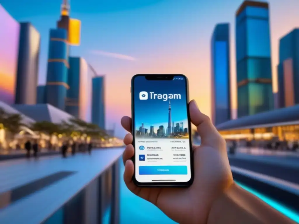 Metrópolis futurista: pagos digitales en la vida real Un paisaje urbano futurista con pagos digitales en transacciones inmobiliarias integrados, iluminado por la noche
