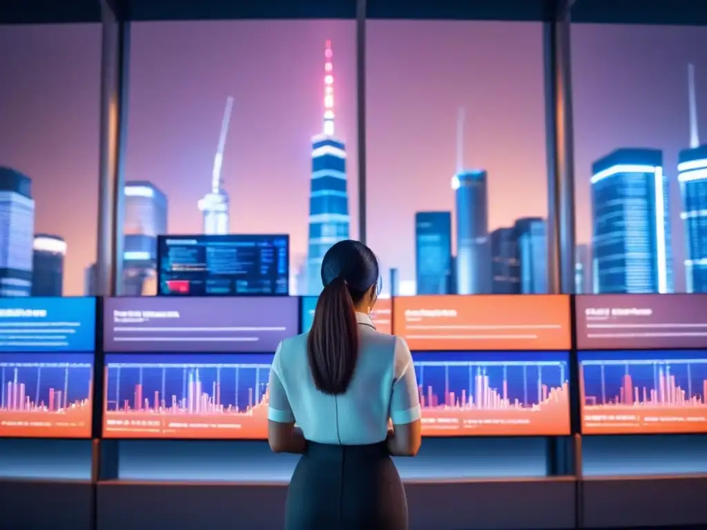 Cityscape futurista: educación financiera y real estate en neón Un paisaje urbano futurista con pantallas digitales mostrando gráficos financieros, rascacielos imponentes y personas diversas participando en actividades interactivas de educación financiera, todo bajo una suave luz neón