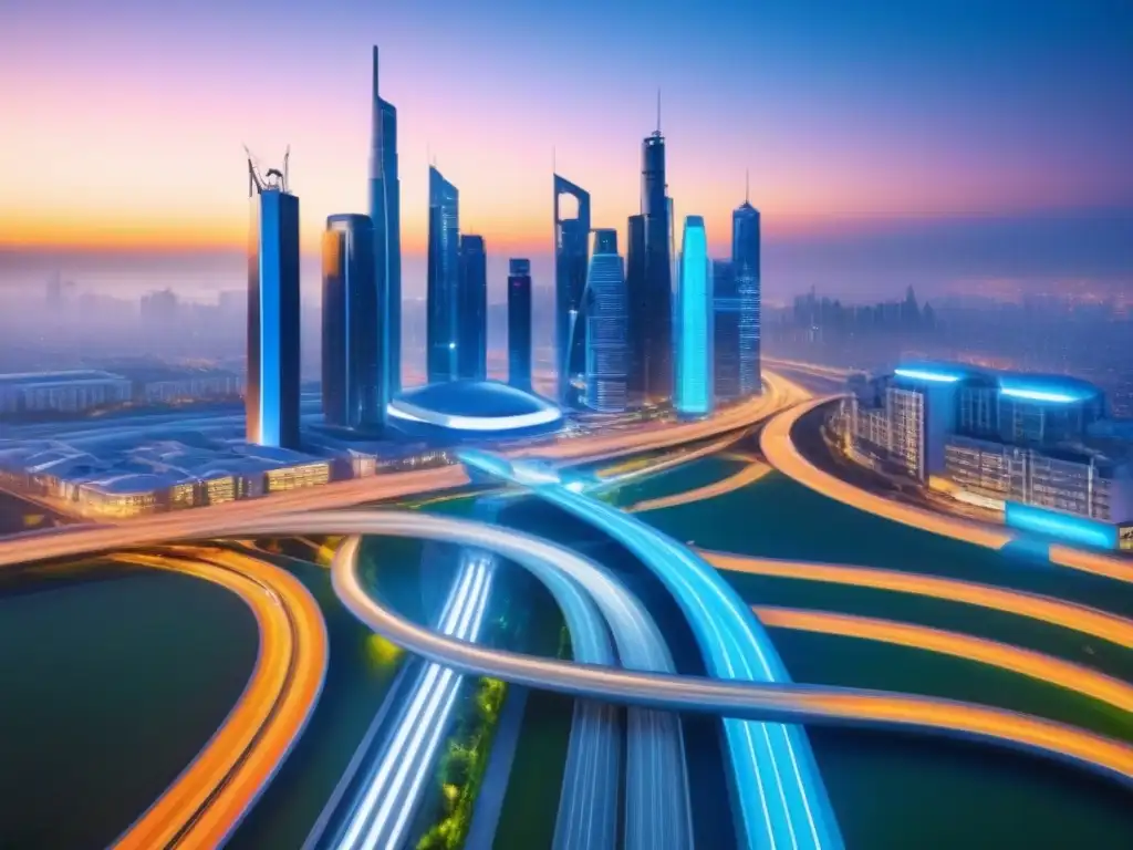 Horizonte futurista con préstamos híbridos: innovación urbana Un paisaje urbano futurista con préstamos híbridos en el financiamiento inmobiliario