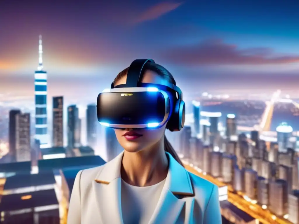 Realidad virtual revoluciona el sector inmobiliario Un paisaje urbano futurista proyectado en un casco de Realidad Virtual en inversiones inmobiliarias