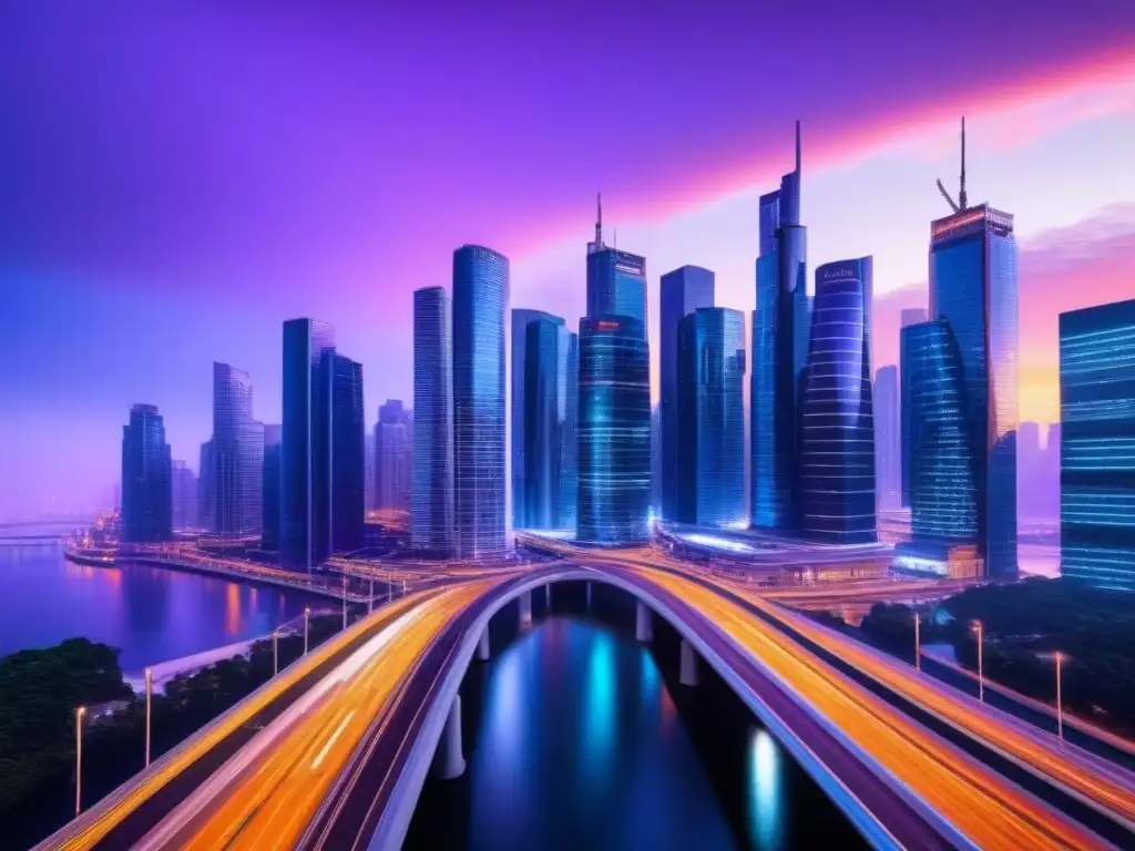 Metrópolis futurista: innovación y progreso en la era digital Un paisaje urbano futurista con rascacielos iluminados y redes de carreteras, simbolizando la era digital al atardecer