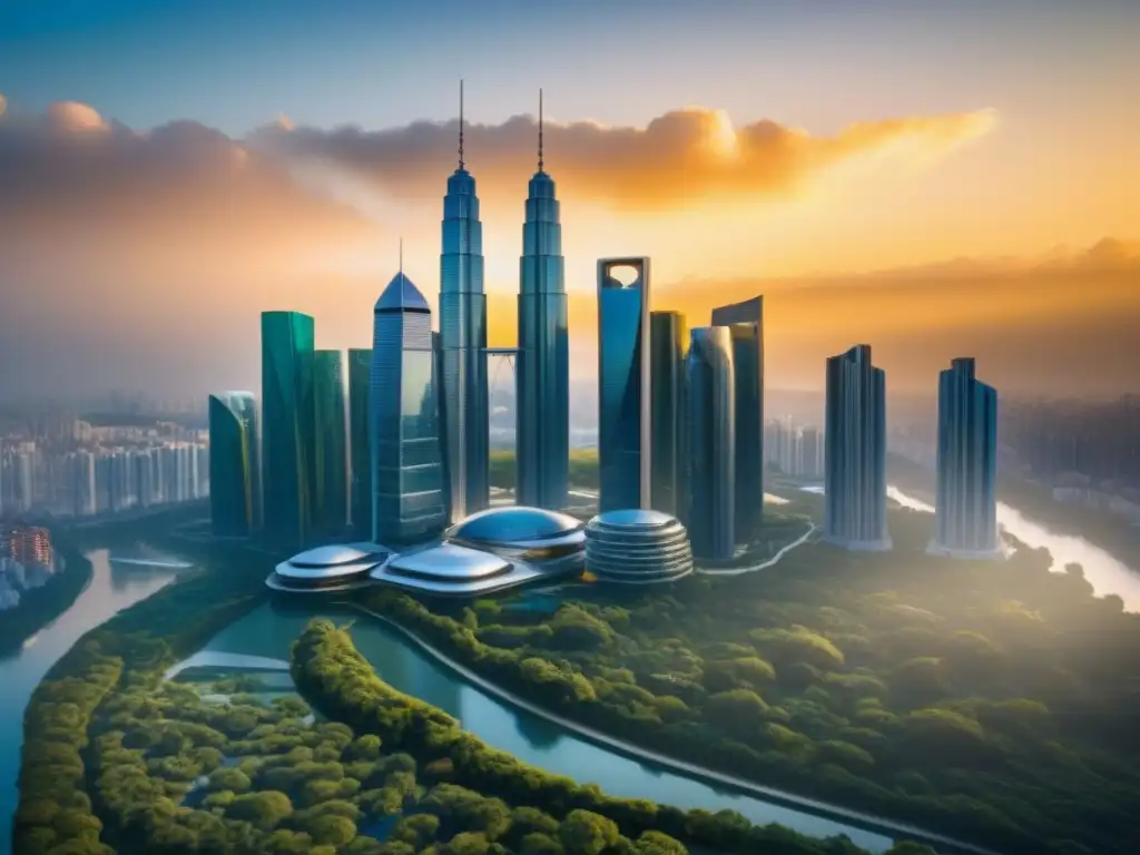 Futurismo urbano: ciudad innovadora y verde Un paisaje urbano futurista con rascacielos modernos y naturaleza exuberante, simbolizando la fusión de desarrollo urbano y naturaleza