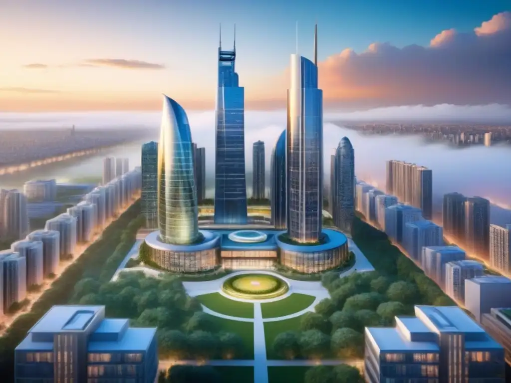 Real Estate Crowdfunding: Futurismo urbano en evolución Un paisaje urbano futurista con rascacielos y espacios verdes, reflejando el espíritu innovador del Crowdfunding Inmobiliario: Guía Completa
