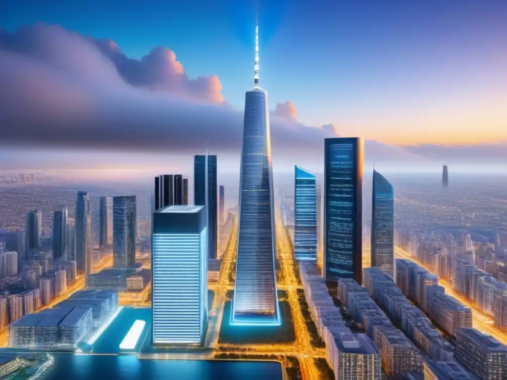 Metrópolis futurista: tecnología e innovación en crowdfunding inmobiliario Un paisaje urbano futurista con rascacielos tecnológicos integrados, drones y datos de inversión en pantallas digitales