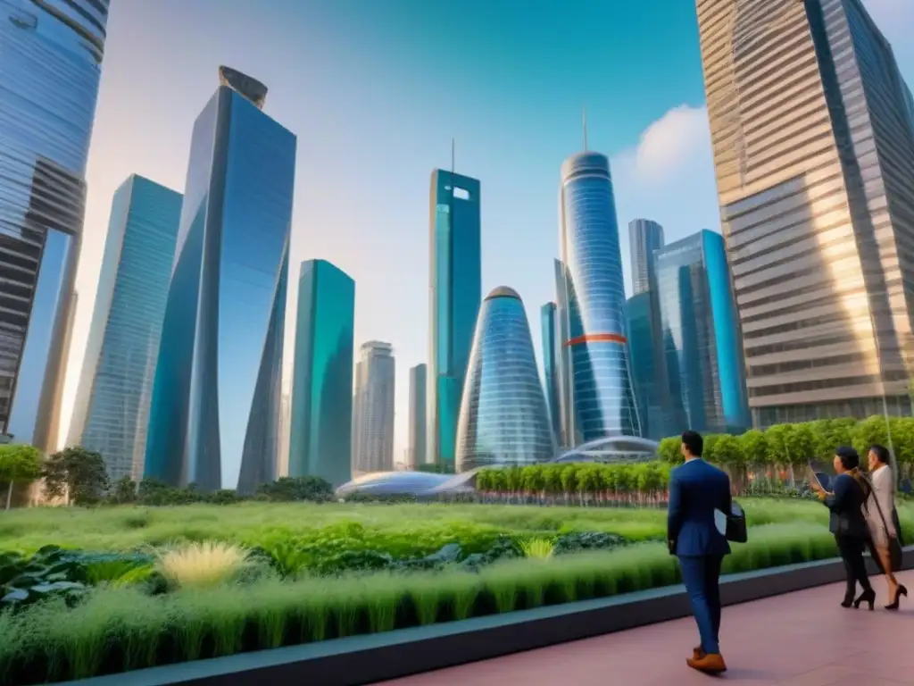 Metropolis futurista: colaboración y finanzas en proyectos inmobiliarios Un paisaje urbano futurista con rascacielos y áreas verdes, simbolizando el financiamiento mixto en proyectos inmobiliarios