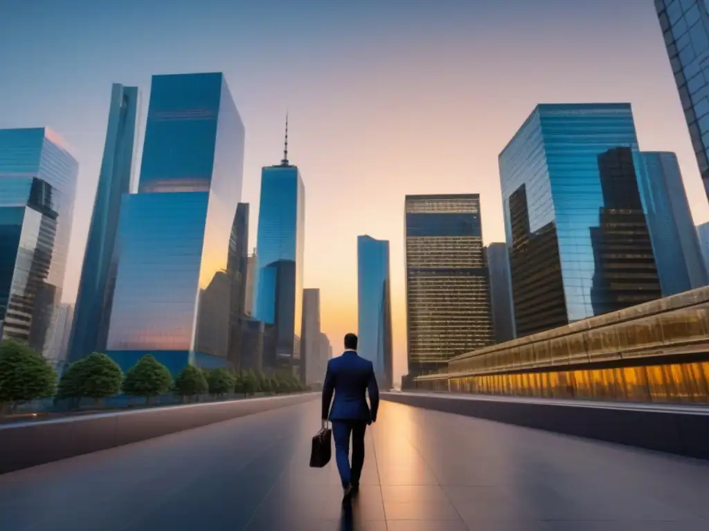Atardecer en la ciudad: negocios y sofisticación urbana Un paisaje urbano futurista al anochecer, con rascacielos elegantes iluminados por el sol poniente